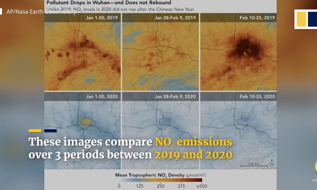 NASA द्वारा जारी की गई चीन के घटते वायु प्रदूषण की तस्वीर।
