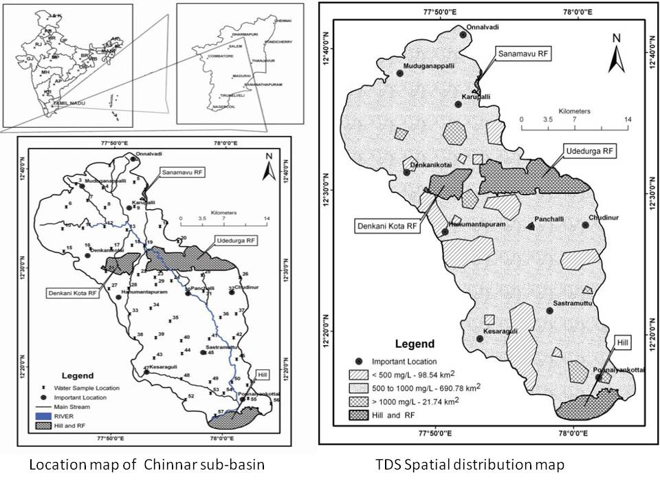 location map of Chinnar sub-basin and spatial distribution of ground water