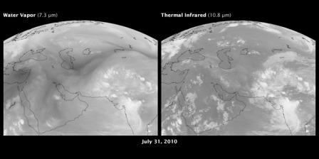 A long-lived high-pressure system north of the Black Sea trapped hot air over Russia in 2010, and triggered heavy rainfall over Pakistan. This image shows water vapor in the atmosphere (left) and thermal infrared emissions of the Earth (right). Water is bright in the left image; on the right, dark areas are hot (desert in mid-day) and cold areas (cloud tops) are white. The animation shows the interaction between high-level flow of water vapor and the dynamics of clouds.