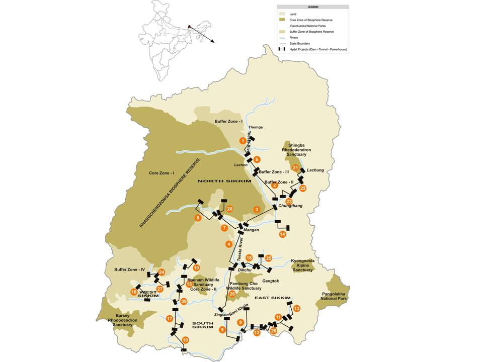 Map of the Teesta basin showing the various planned dams
