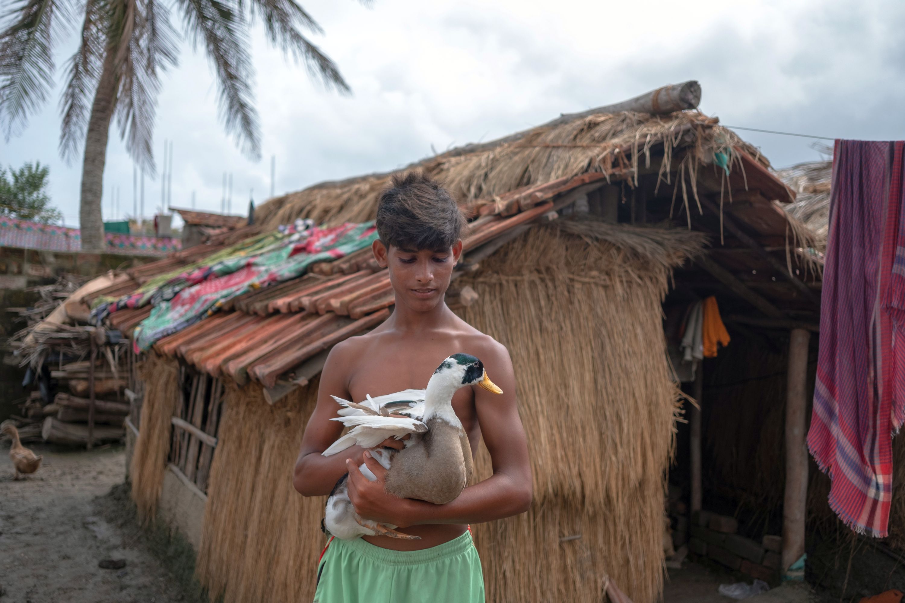 Ahmad Khan stands with his duck. His barn, chicken have all been destroyed and swept away by the cyclone. (Image: WaterAid, Subhrajit Sen)