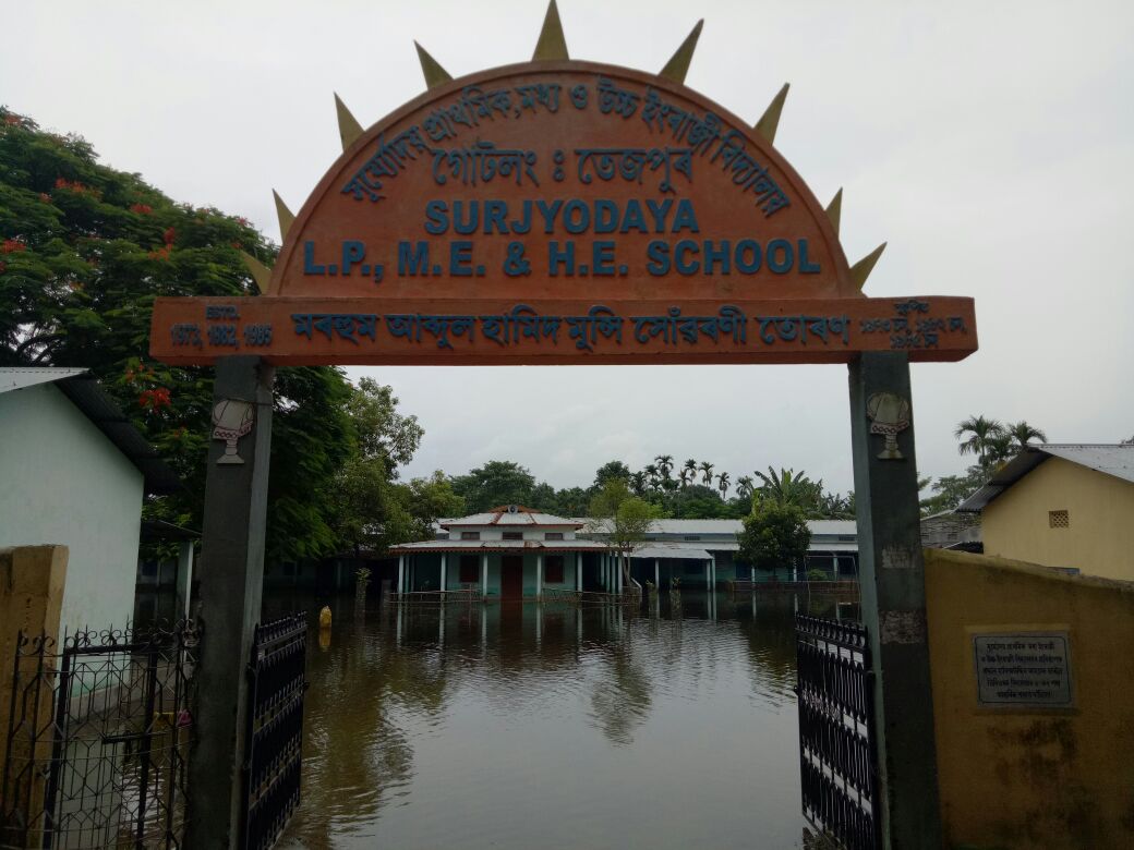 A school inundated by flood in Tezpur, Assam. (Photo by Pranab Kumar)