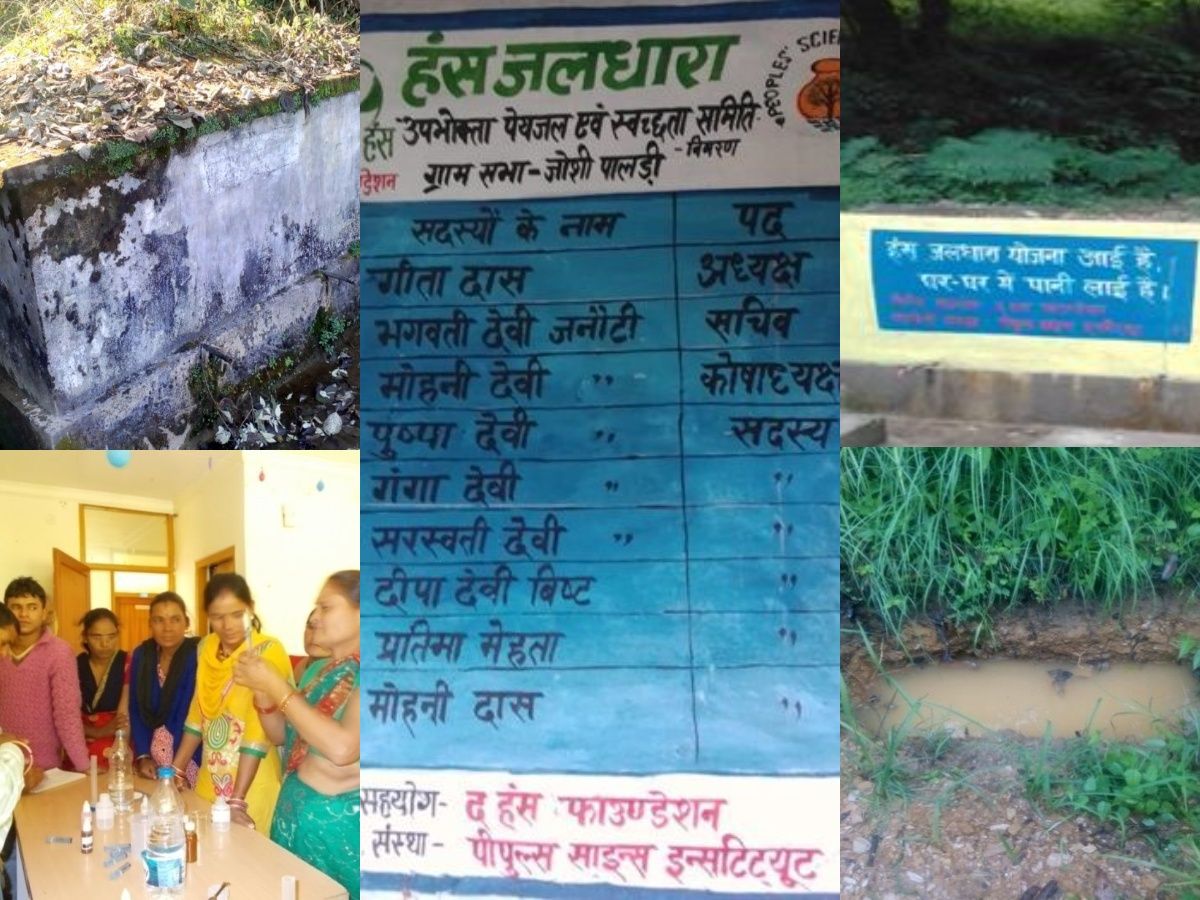 Centre: Wall writing with the names of all women UWSSC members in Rupail; Top left: Old (defunct) tank at Rupail; Top right: New storage tank at Rupail; Bottom left: Training of village facilitators on water testing; Bottom right: Spring recharge work in Rupail (Images: People’s Science Institute)