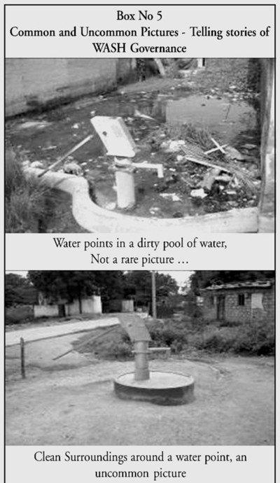contrasting pictures of a well maintained hand pump and one that is standing in a pool of dirty water