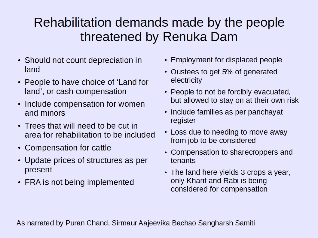 Rehabilitation demands made by the people threatened by Renuka dam.