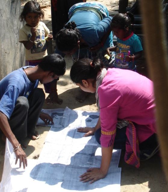 Participatory GIS activity with the community in Kimkhola village, Tehri Garhwal, Uttarakhand. (Image: Neha Khandekar)