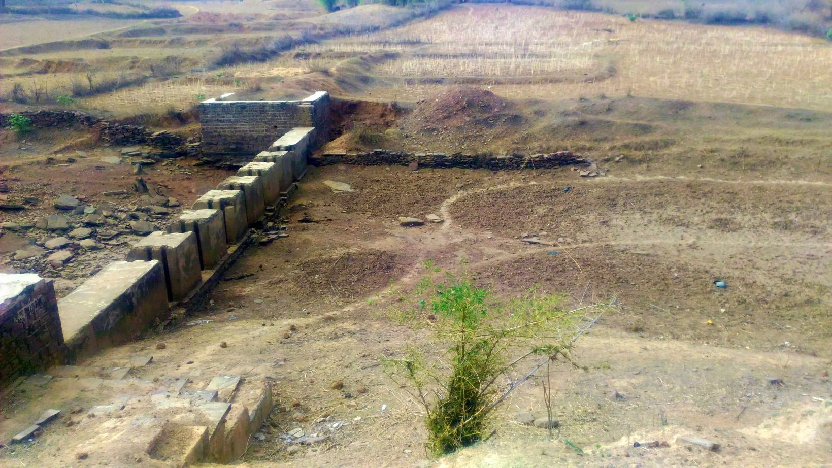 Left structure is stop dam without gates. Silted Puttan Ghat Bharka behind the stop dam, Kathayi, June 2019 (Image: Seema Ravandale)