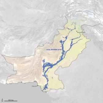 Floods covered at least 37,280 square kilometers (14,390 square miles) of Pakistan at some time between July 28 and September 16, 2010. Relief agencies used maps derived from satellite data to direct aid to many of the victims and to plan recovery efforts. 