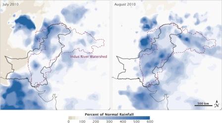 The 2010 floods in Pakistan were caused by extremely high rainfall in the Indus River watershed during July and August. These maps show the satellite estimates of the difference in rainfall between 2010 and the long-term average for the region.