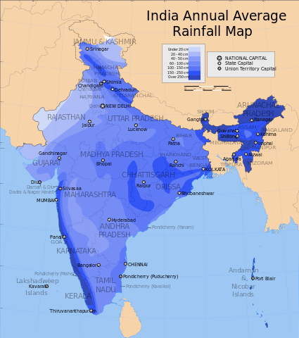 India, annual average rainfall (Image Source: Wikimedia Commons)