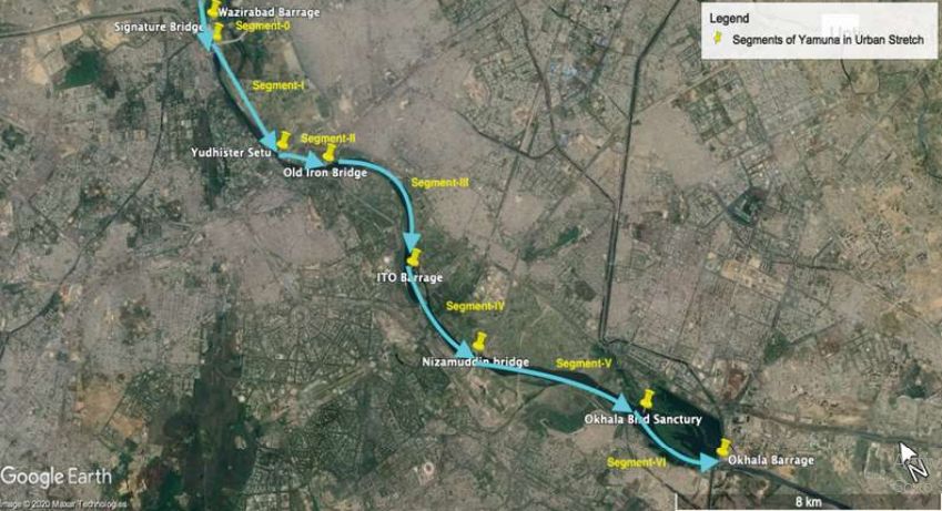 Map showing different segments of River Yamuna in the urban stretch (Delhi): Wazirabad Barrage to Okhla Barrage 