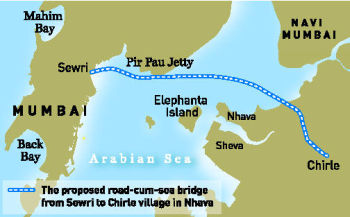 The proposed road cum sea bridge from Sewri to Nhava Sheva (Image Source: Frontline)