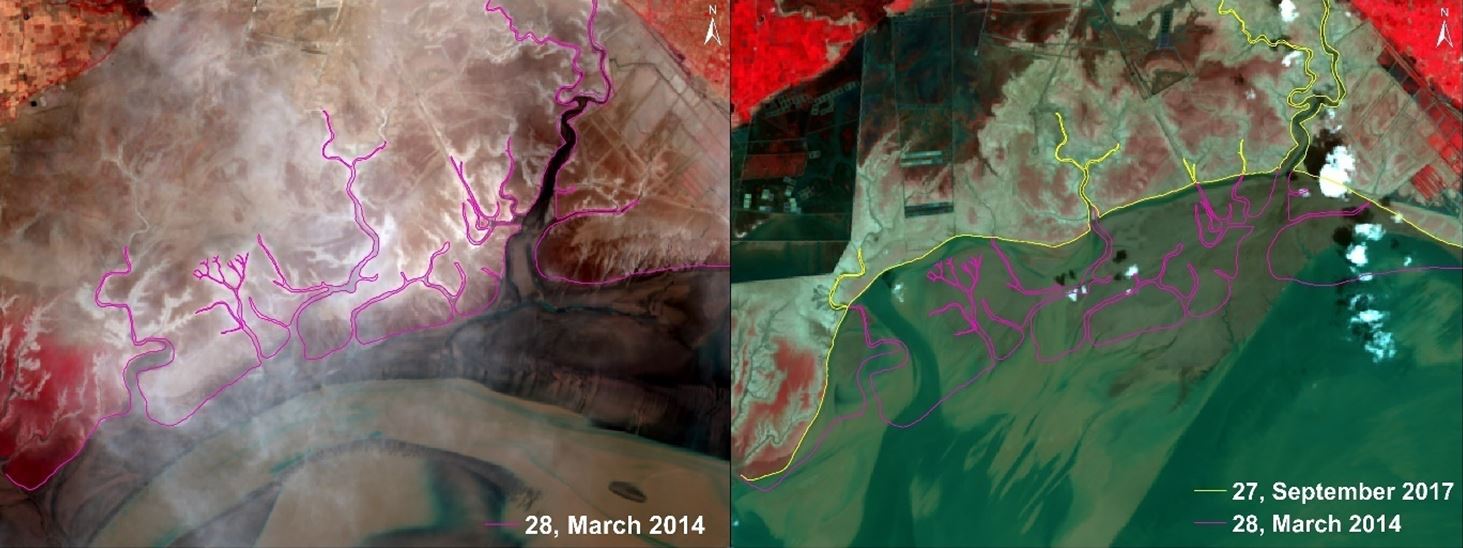 Satellite images before and after erosion. (Pic: ISW)