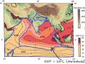 A map that shows warm Indian Ocean temperatures in colours and thin contours and blue thick contours that delineate major moisture sources for the monsoon.