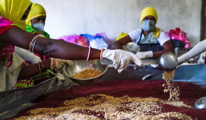 Mixing of ingredients for preparation of ragi mix by women self-help group members (Image: WASSAN) 