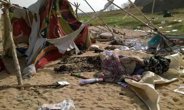 A destroyed tent after the lathi charge