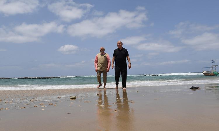 The prime ministers of the two countries, Netanyahu and Modi at Olga beach to attend a demonstration of Israeli mobile water desalination technology. 06/07/2017 Photographer- Kobi Gideon/ GPO