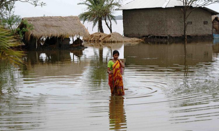 A woman wades through a flooded road. (Source: IWP Flickr photos)