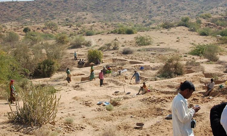Labourers building check dams under MGNREGS 
