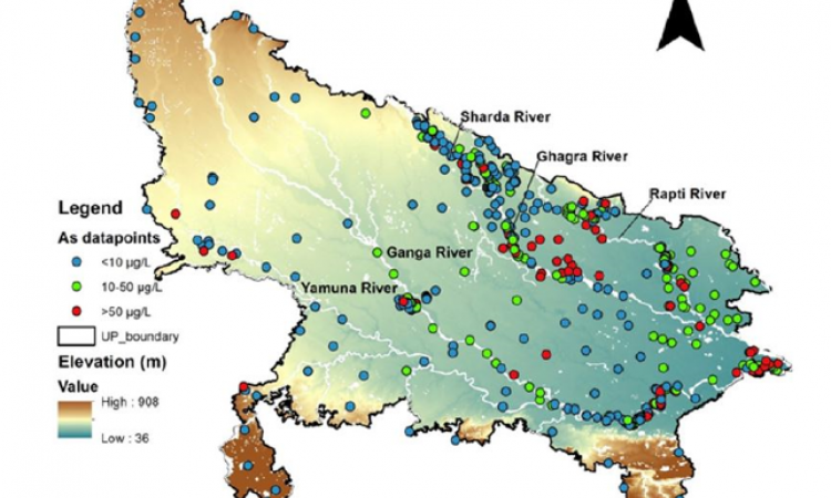 Arsenic concentration in groundwater of Uttar Pradesh shown by blue, green and red circles. Image courtesy: India Science Wire