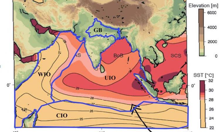 A map that shows warm Indian Ocean temperatures in colours and thin contours and blue thick contours that delineate major moisture sources for the monsoon.