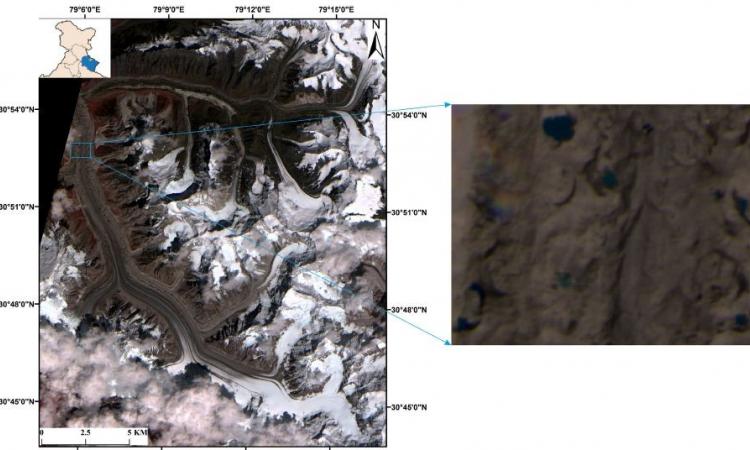 Satellite image of the Gangotri glacier. (R)Mapped glacial lake up close.