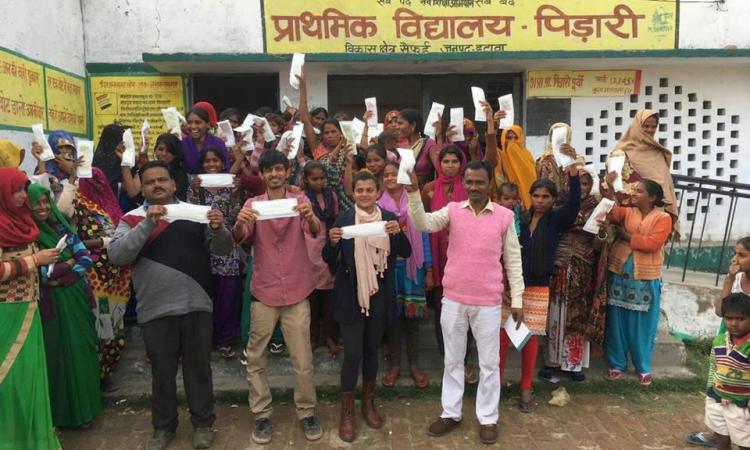 Divyanshu Seth and Aishwarya Mishra (second and third from left in the first row) during a menstrual hygiene management session. (Pic courtesy: Divyanshu Seth)