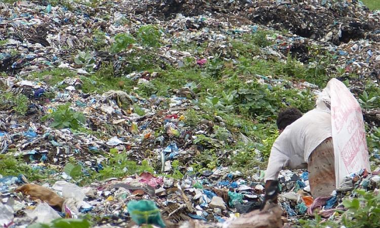 A wastepicker in a sea of garbage