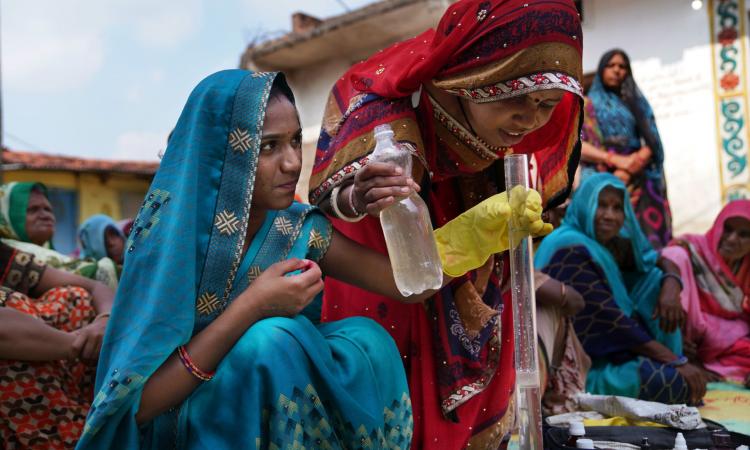 Organised under WaterAid India’s partnership with GAP, water testing workshop (2019) held in Indore district aimed at training women and youth to lead the entire process of community water management – from planning to supply, operations and maintenance and to educate communities on water-quality issues. (Image: WaterAid India/Ashima Narain)